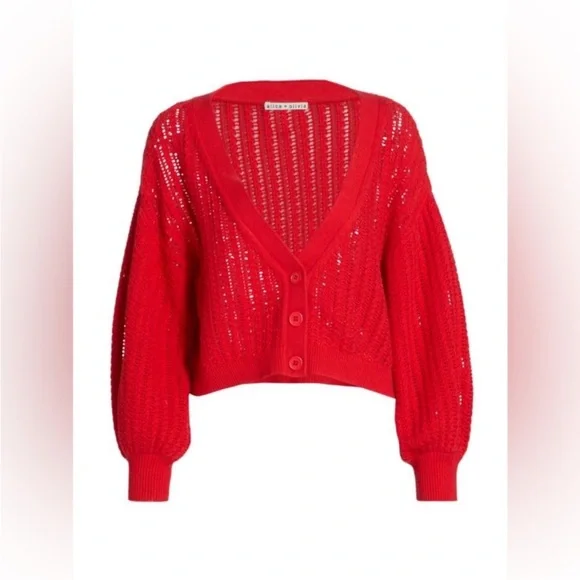 Alice + Olivia Windsor Deep V Slouchy Cable Knit Cardigan in Bright Poppy (red)